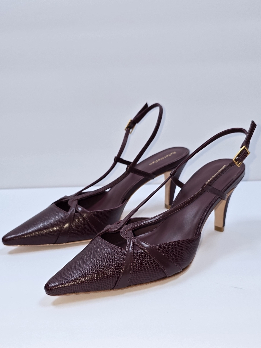Reformation Patty Slingback Burgundy Embossed Leather Pointed Toe Heels Sz 7.5 - Picture 10 of 15